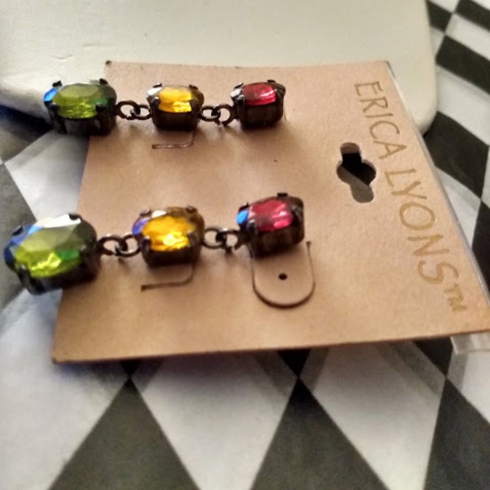 ERICA LYONS Gunmetal Citrine Yellow/Olive Green/Ruby Red Crystal Drop Earrings - Picture 3 of 5